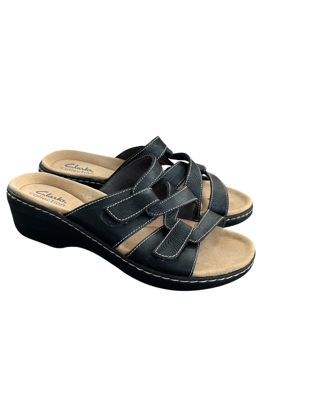 Clarks Black Leather Wedge Slide Sandals with Tan Footbed Size 9 Comfort Shoes